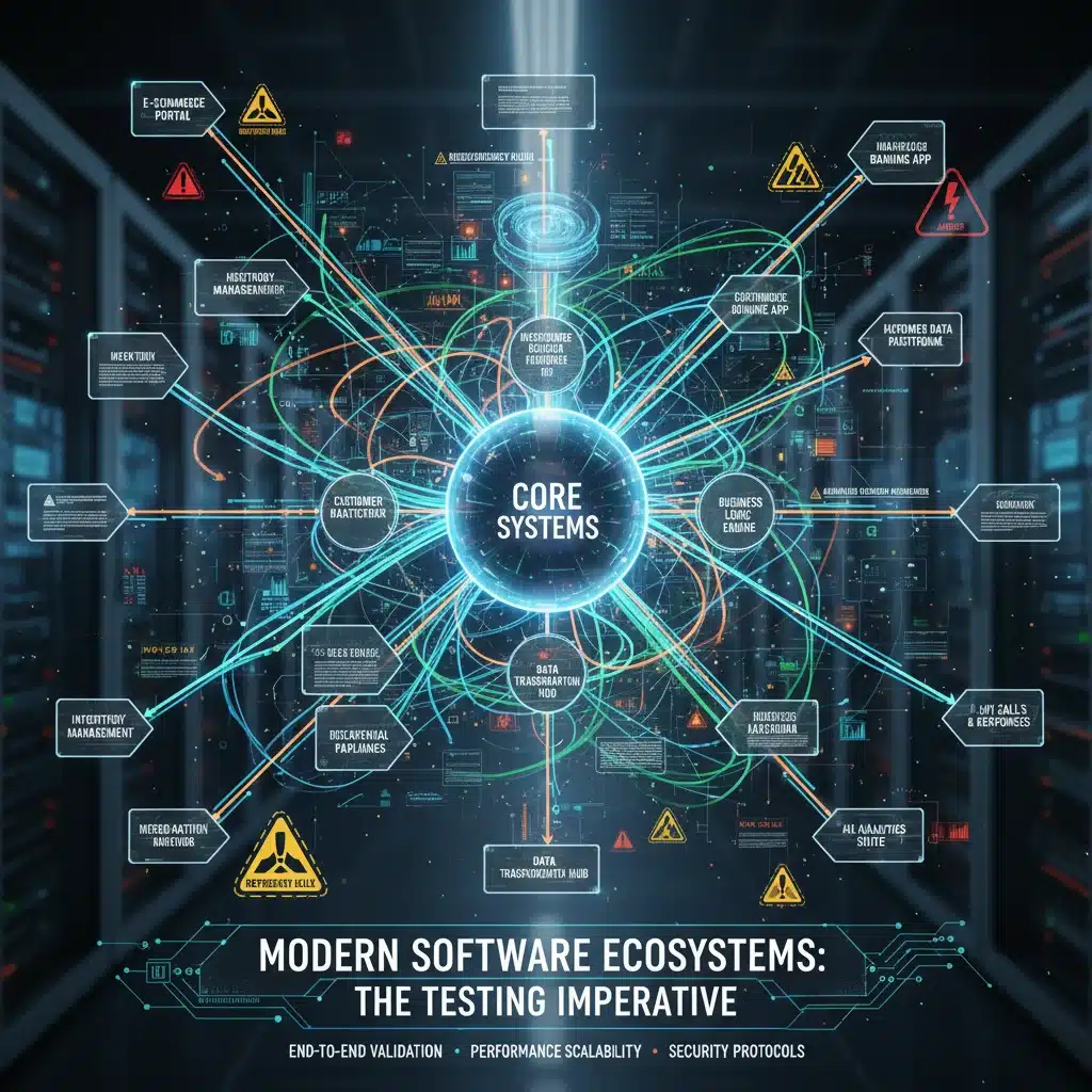 Intricate network diagram showing interconnected software systems and data flow