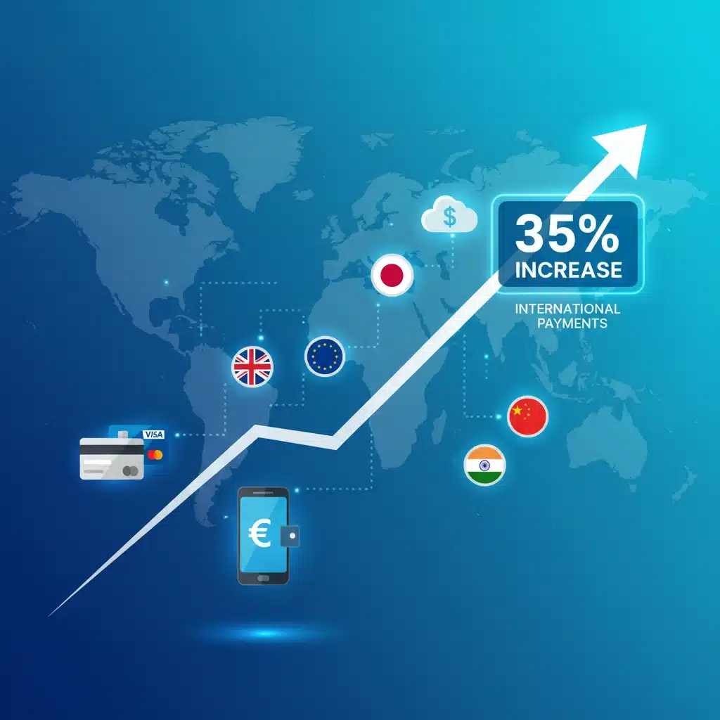 Chart showing increasing cross-border e-commerce transactions and diverse payment options.