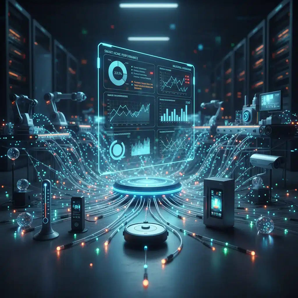 IoT devices interconnected, displaying real-time product performance data on a dashboard