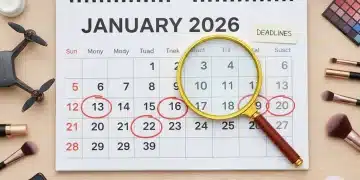 January 2026 calendar surrounded by diverse products for testing, highlighting key deadlines.