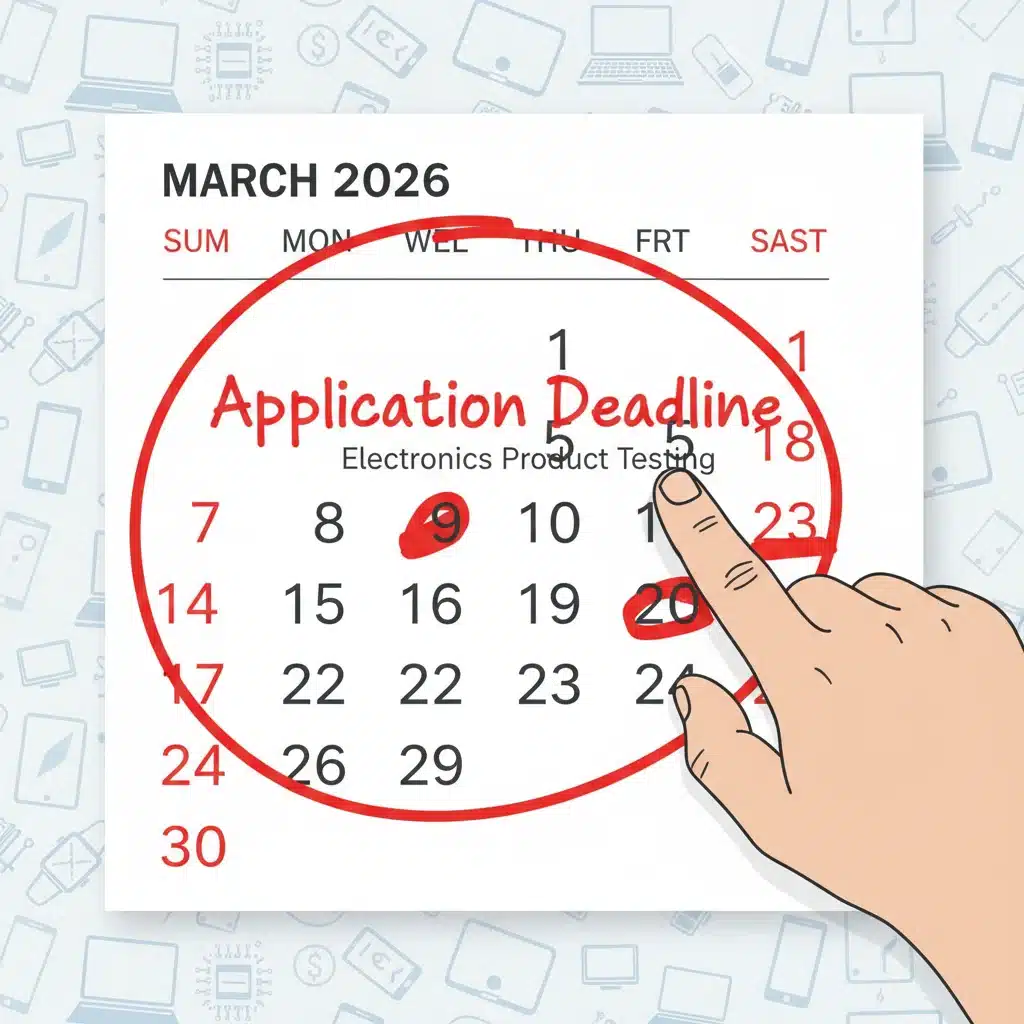 Calendar highlighting March 2026 deadlines for electronics product testing applications.