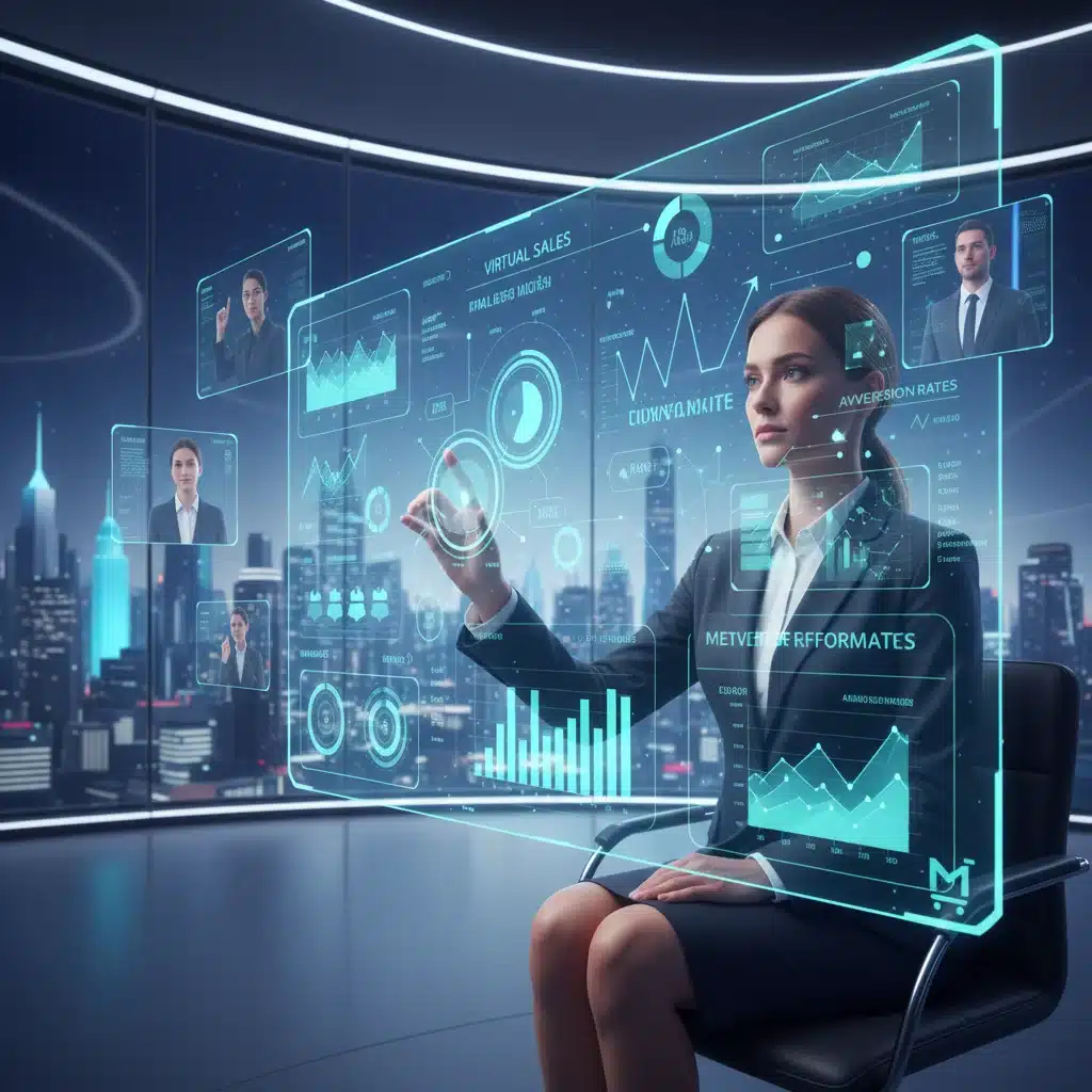 Brand executive analyzing metaverse retail performance data in a virtual meeting, demonstrating data-driven strategies.