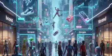 Futuristic virtual shopping experience in the metaverse with avatars and holographic products, highlighting projected revenue growth.