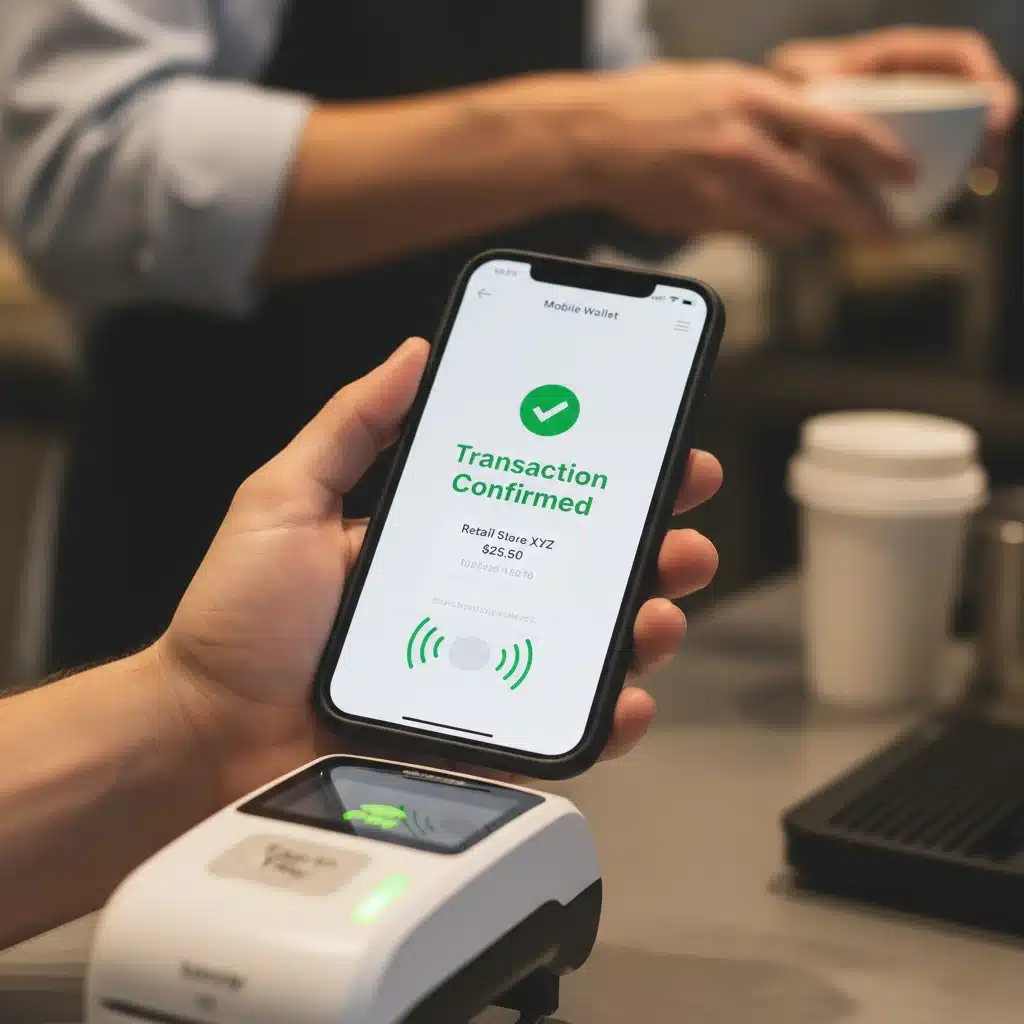Smartphone displaying mobile wallet transaction confirmation at a contactless terminal.