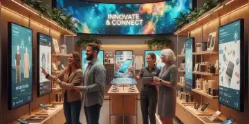 Modern retail store interior with interactive displays and engaged customers.