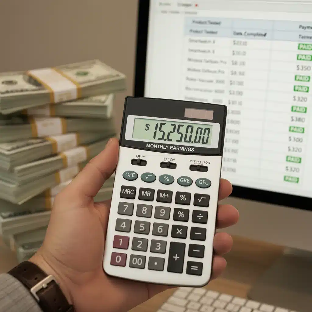 Calculator displaying monthly earnings from successful product testing
