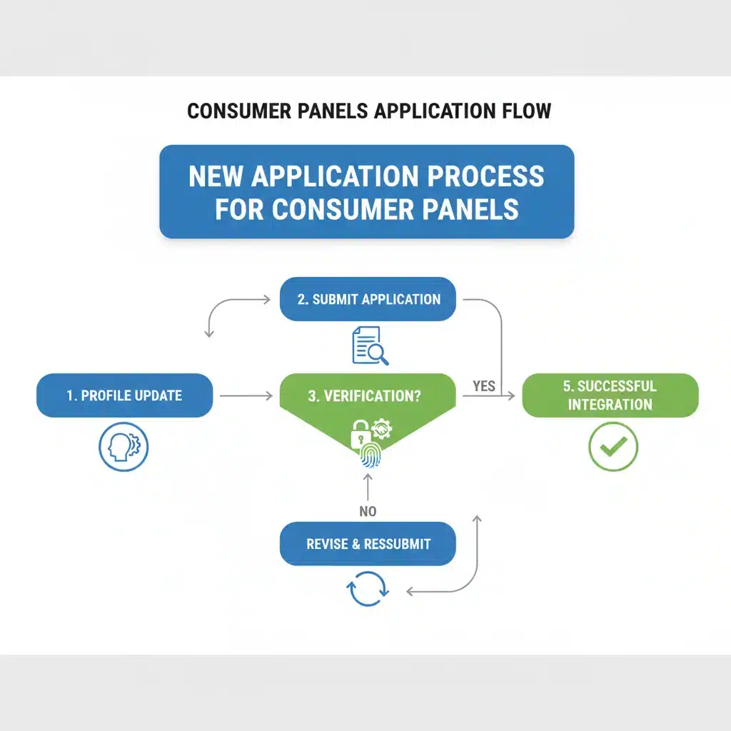Flowchart showing new application process for consumer panels with profile update and verification steps.