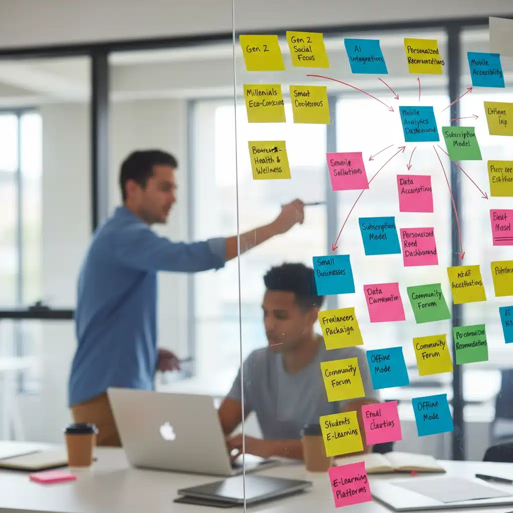 Whiteboard with sticky notes detailing demographic segments and product features.