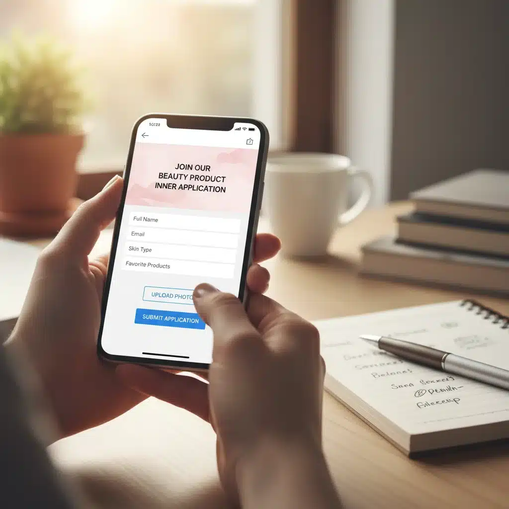 Hand filling out an online application for a beauty product testing panel on a smartphone.