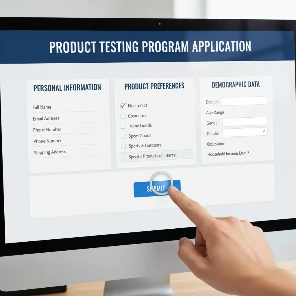 Online application form for a product testing program on a computer screen.