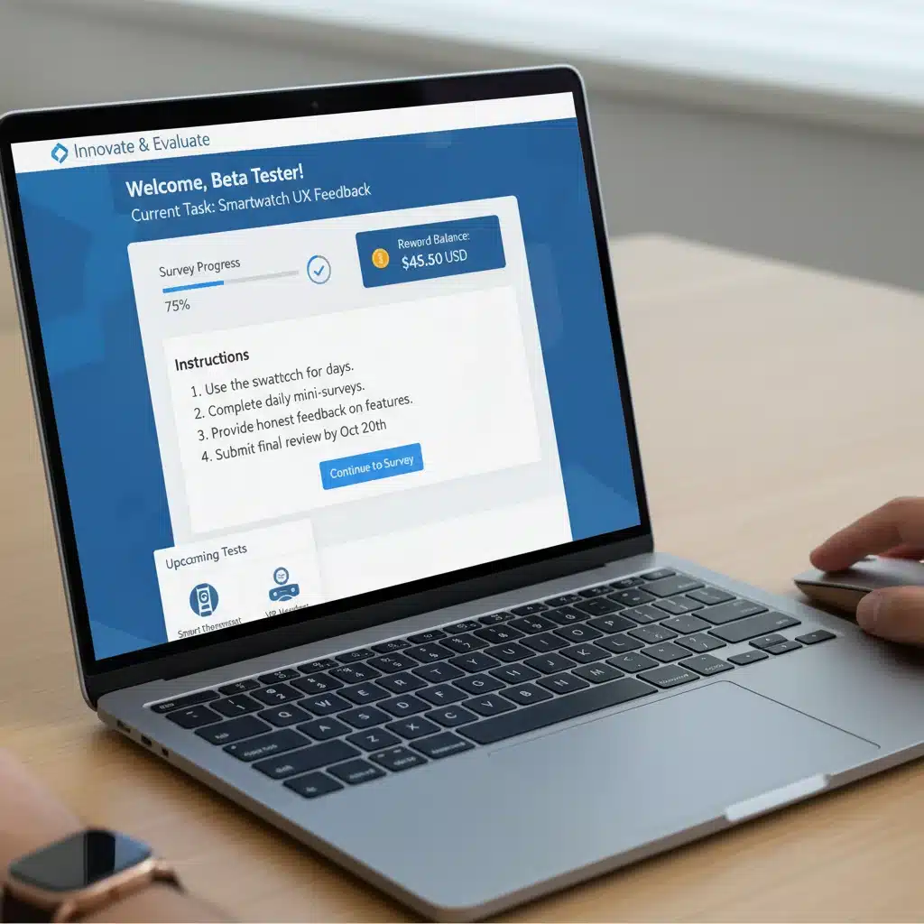 Online product testing dashboard with survey and rewards