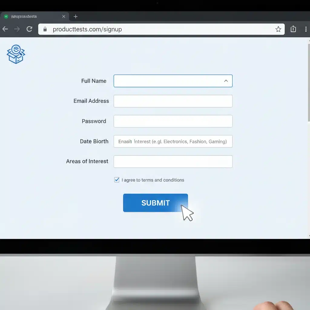 Online product testing platform registration form on a computer screen.