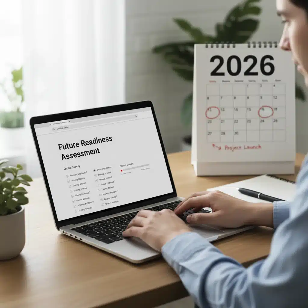 Person completing online survey with 2026 calendar for future planning