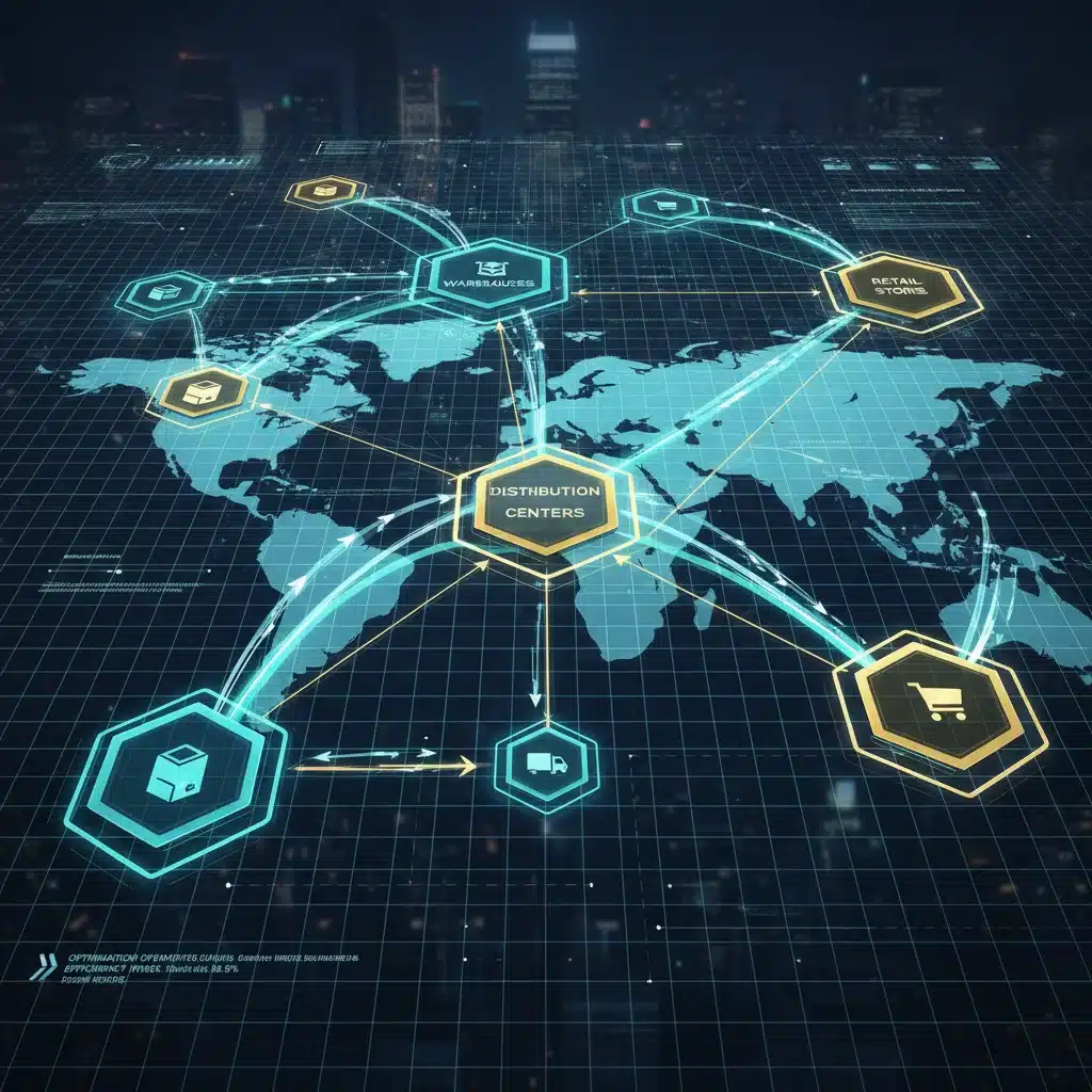 Optimized retail supply chain network with data flow between warehouses and stores.