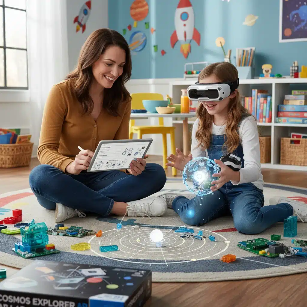 Parent and child testing an interactive educational toy in a colorful room.