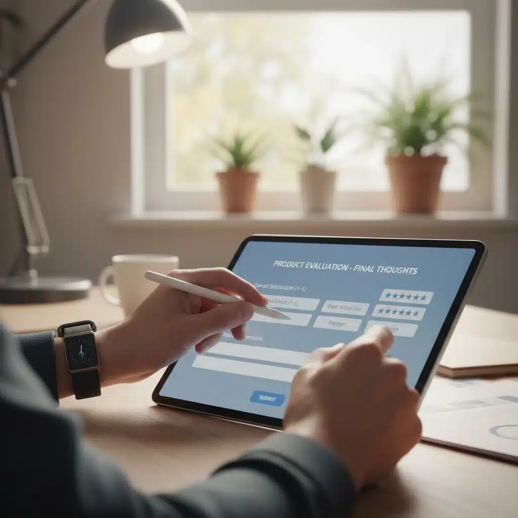 Hands filling out detailed product testing feedback form on tablet