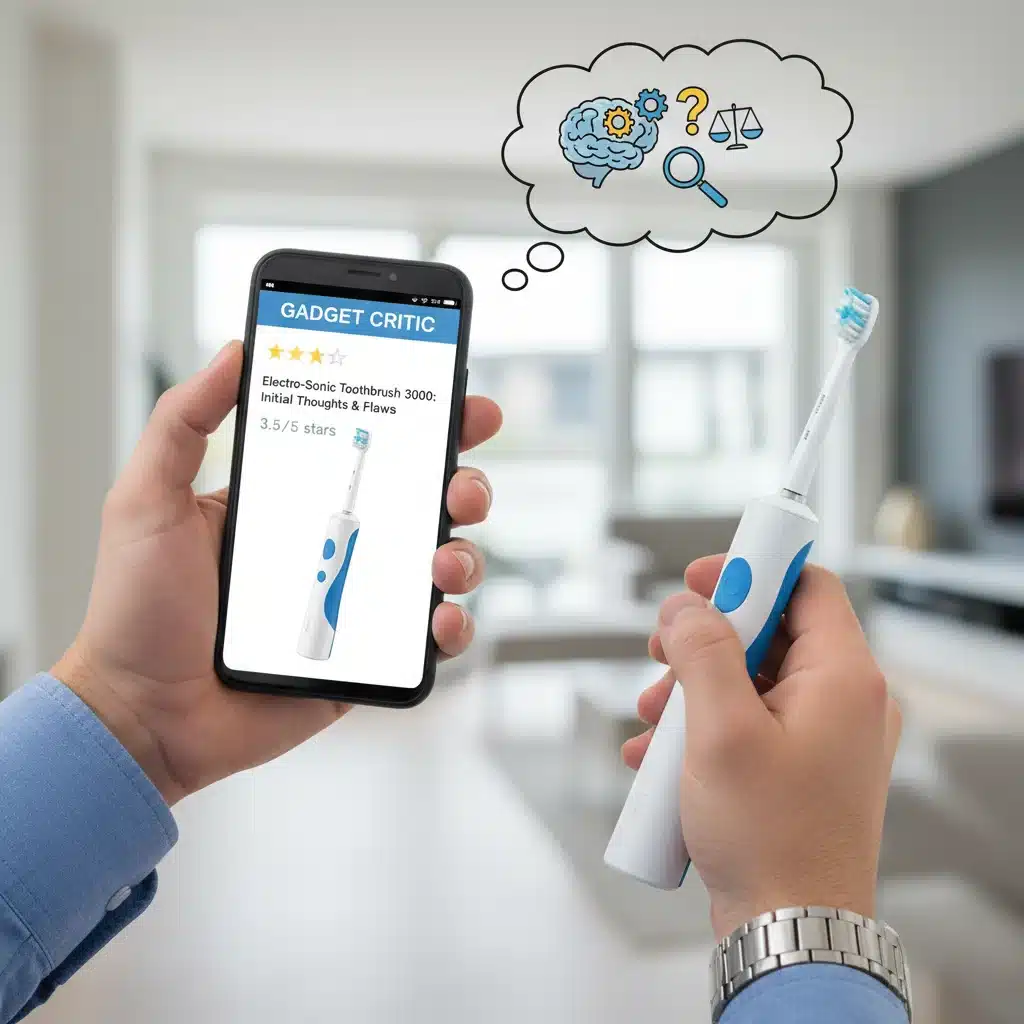 Hands comparing a product with its digital review on a smartphone.