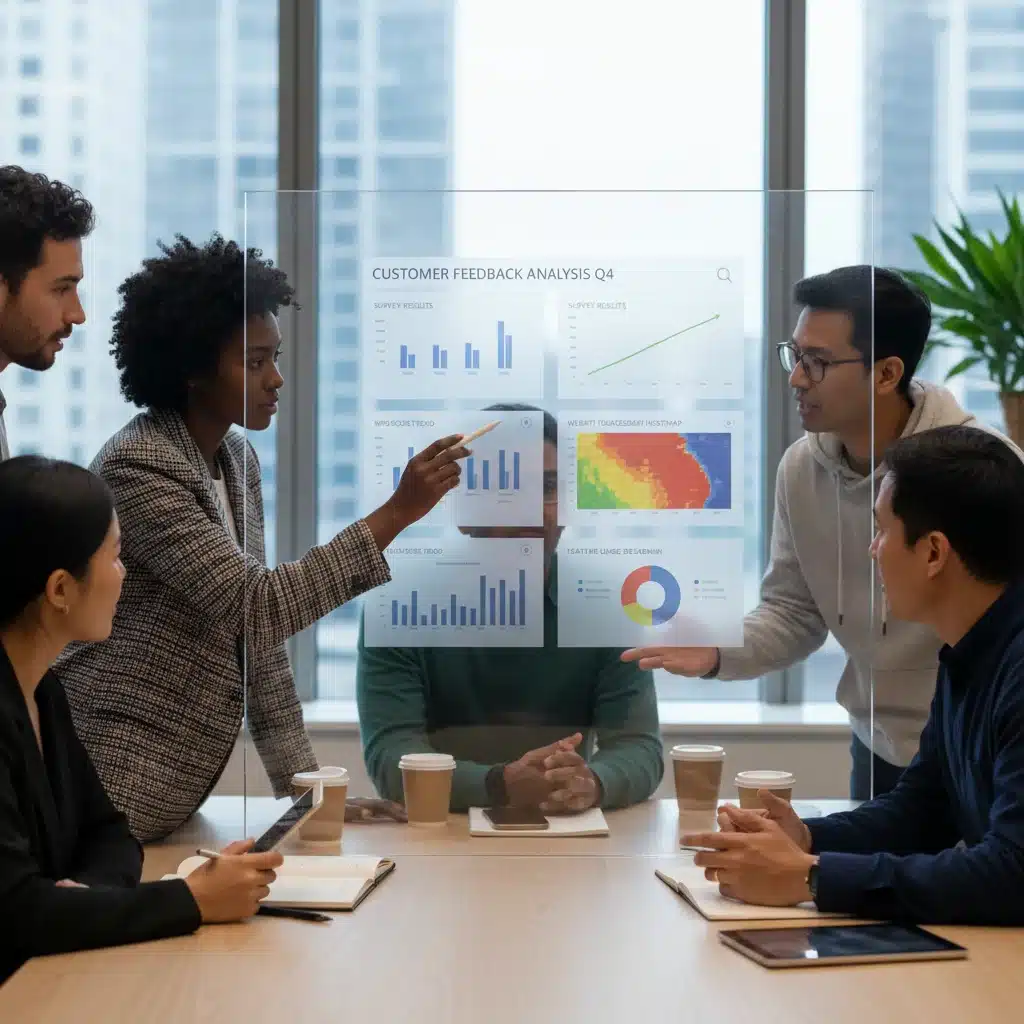 Product team analyzing survey data for informed development decisions