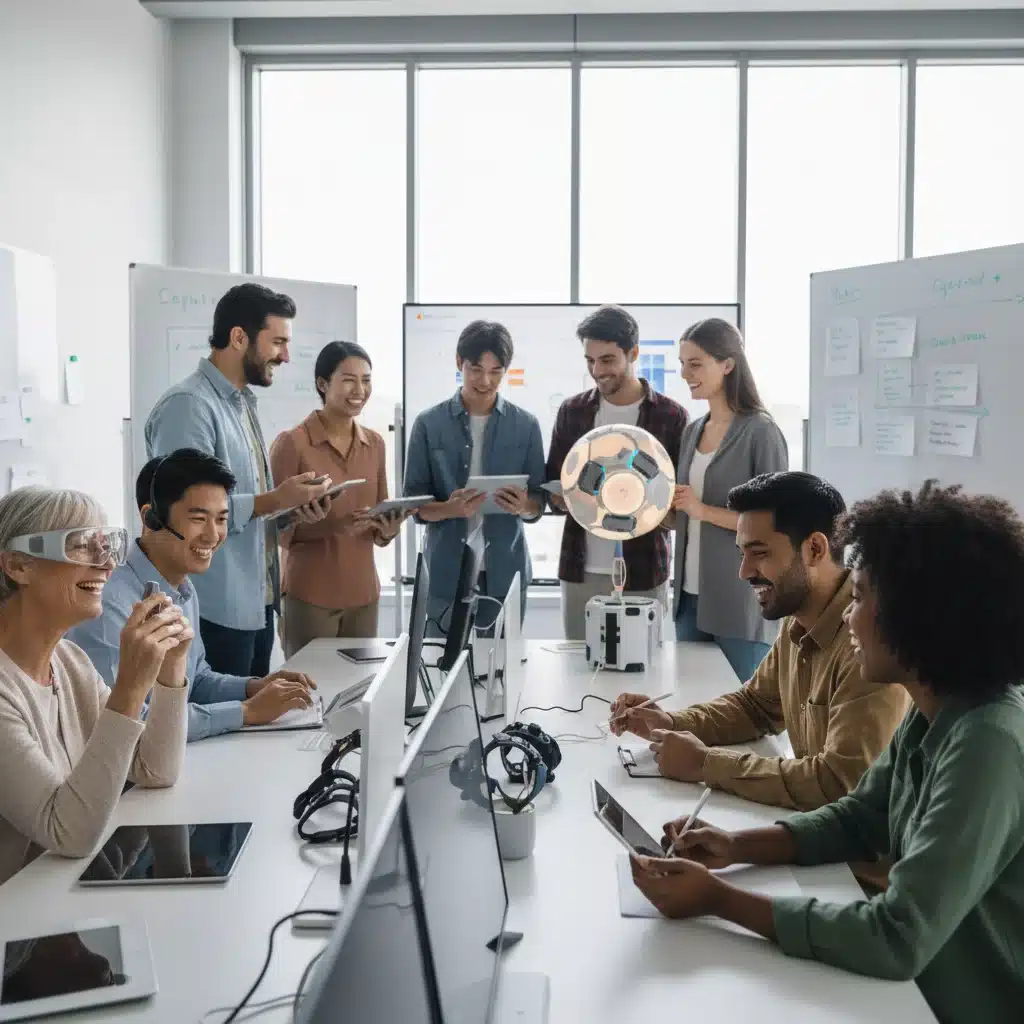 Diverse group of product testers providing feedback in a modern lab setting.