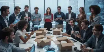 Diverse group testing new tech products in 2026
