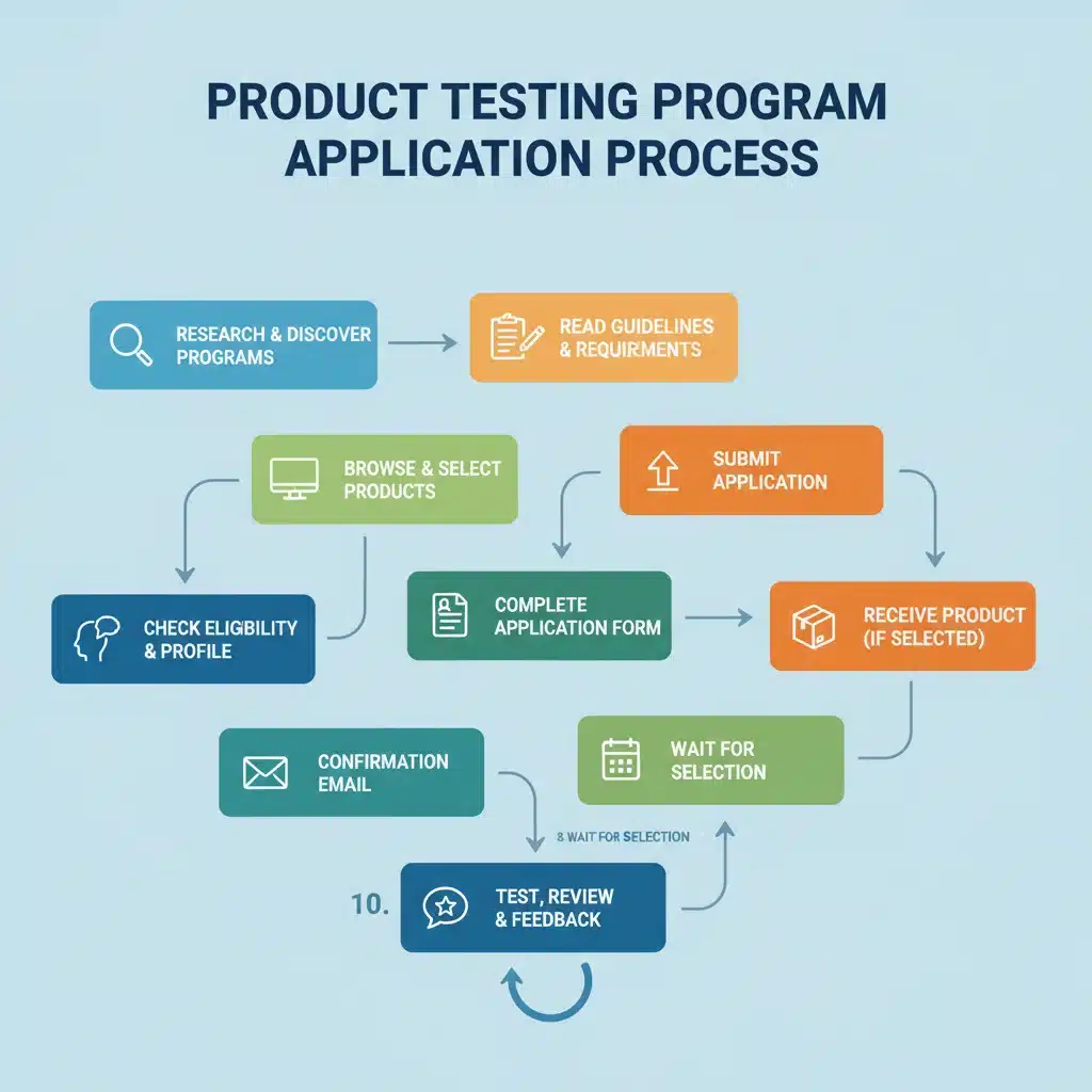 Step-by-step flowchart for product testing program application process.