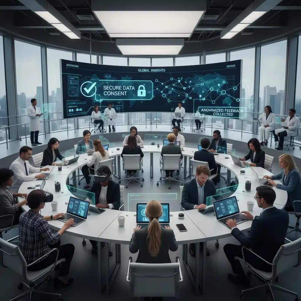 Diverse participants in product testing with secure data consent.