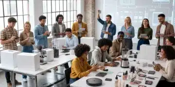 Diverse group testing new products with enthusiasm