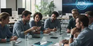 Diverse team collaborating on product testing feedback with futuristic devices in 2026