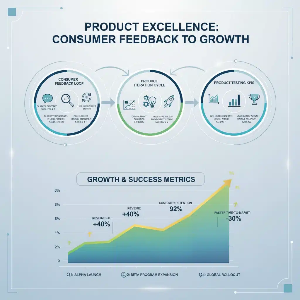 Infographic displaying product testing feedback loop and KPIs