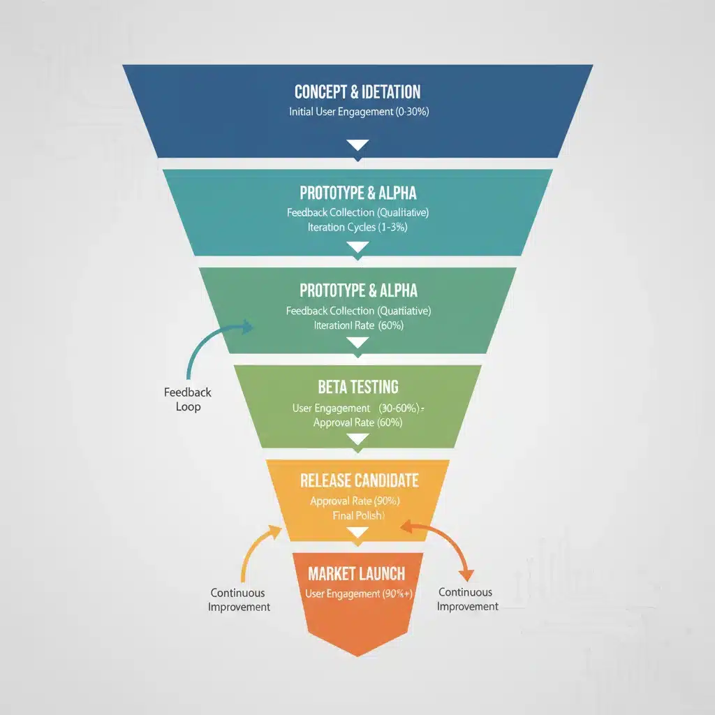 Infographic illustrating the stages of a product testing funnel with key metrics and feedback loops for continuous improvement.