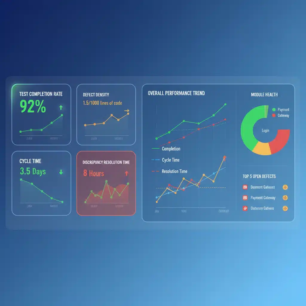 Data analytics dashboard showing product testing KPIs and performance metrics.
