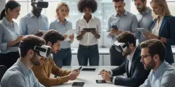 Diverse testers evaluating new technology products in a modern lab setting