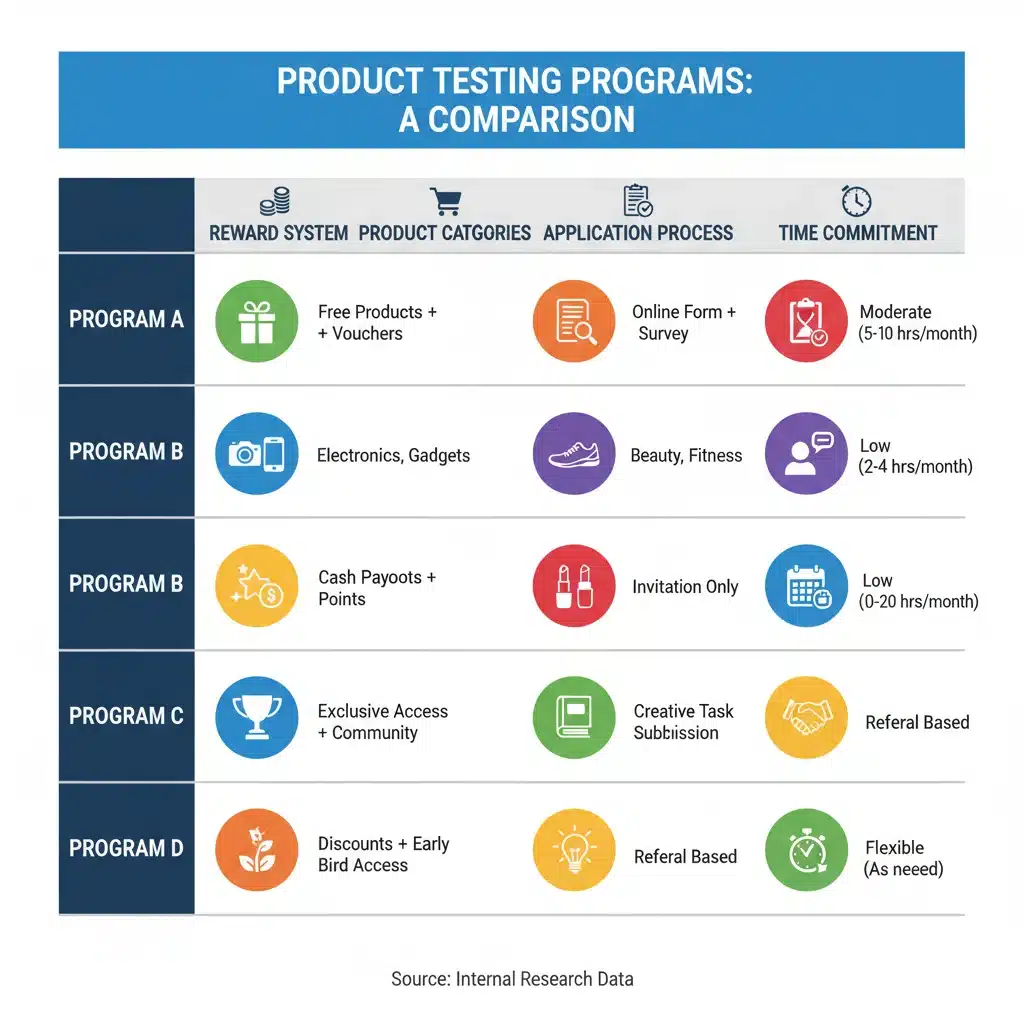 Infographic comparing features of various product testing programs