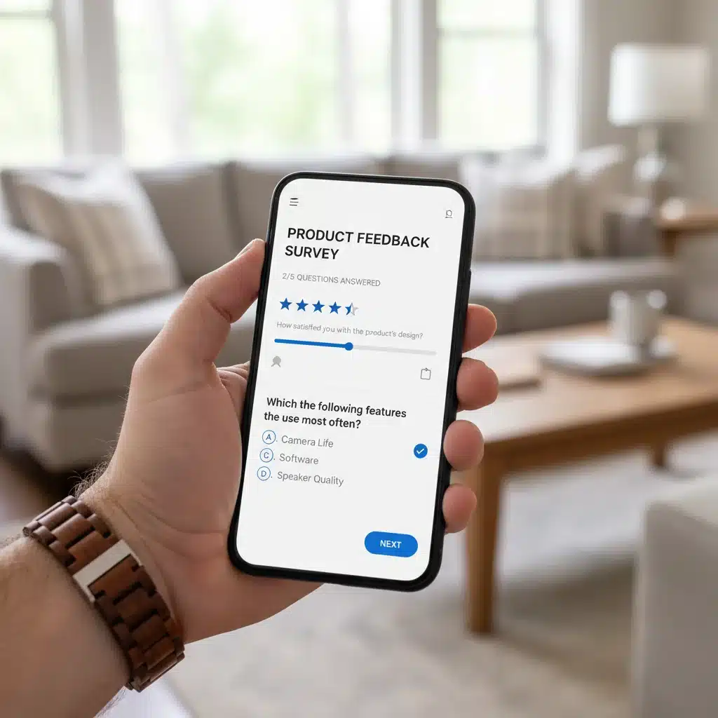 Hand interacting with product testing survey app on smartphone.