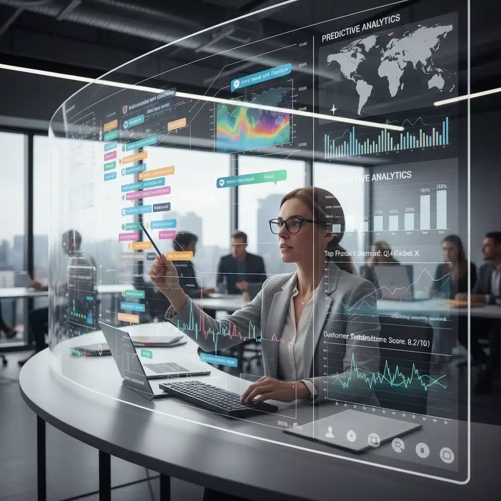 Analyst viewing real-time customer feedback dashboard with predictive insights