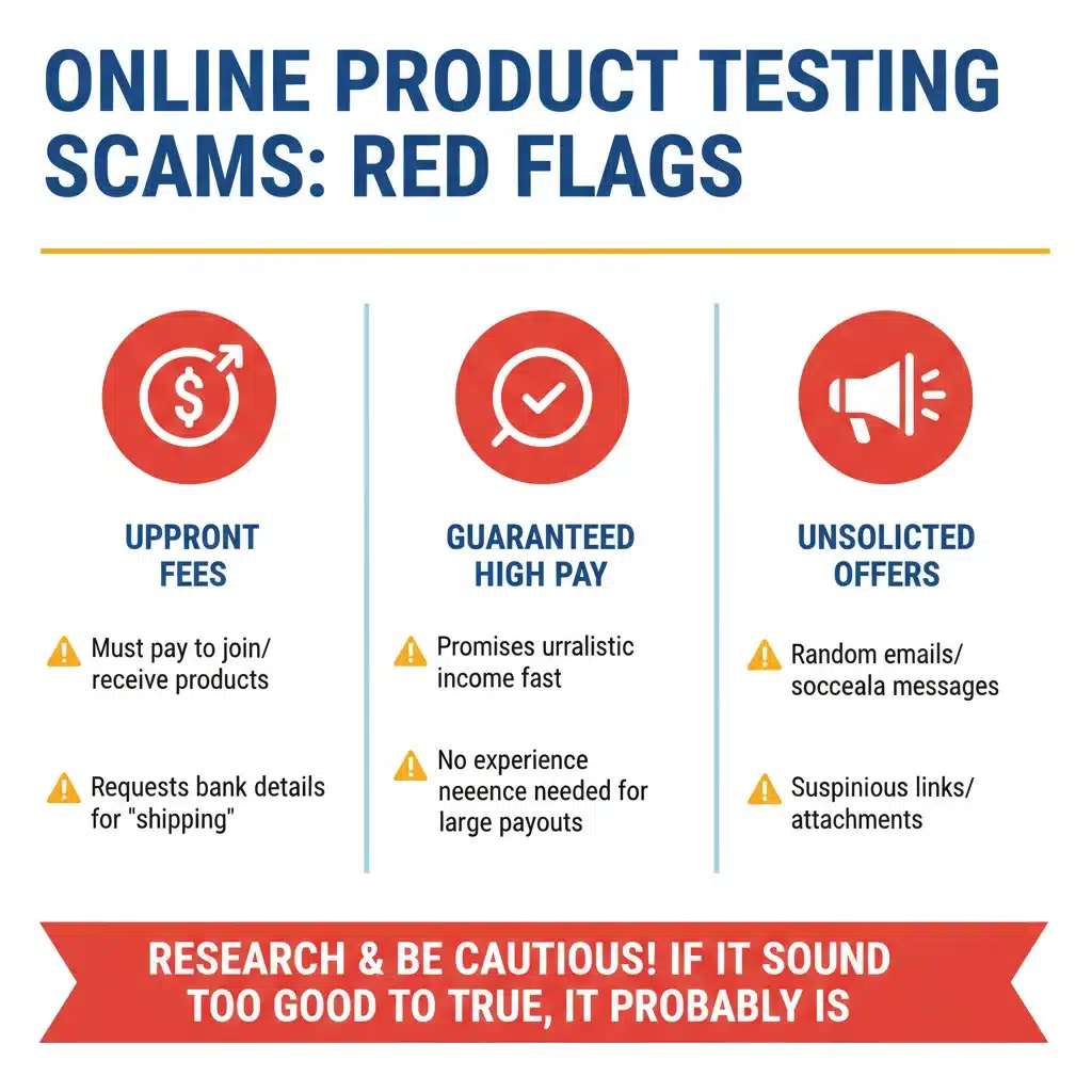 Infographic showing common red flags of product testing scams.