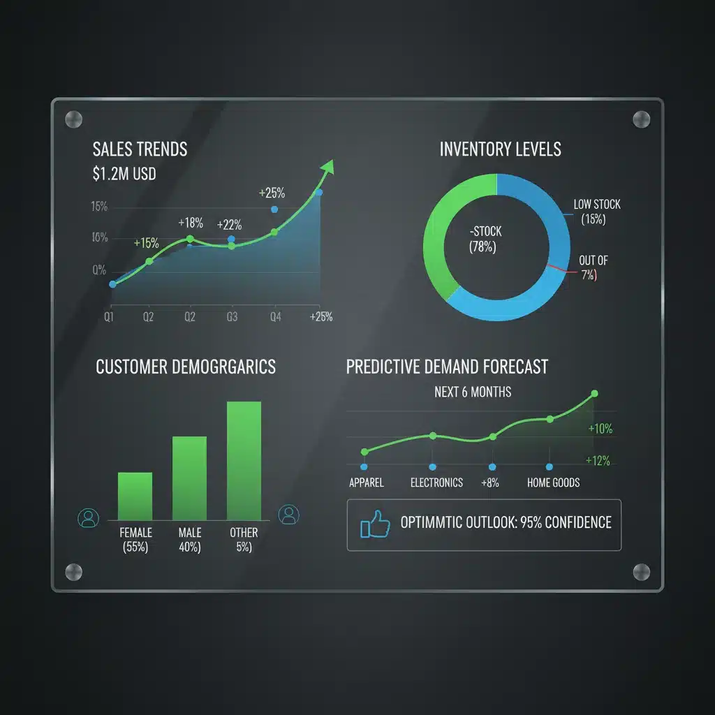 Retail analytics dashboard showing sales trends, inventory, and predictive demand forecasts.