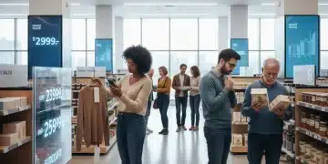 Shoppers in a modern retail store examining products and prices, reflecting consumer behavior amidst inflation.
