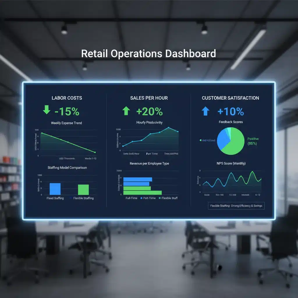 Retail operational dashboard showing reduced labor costs and increased efficiency due to gig workers.