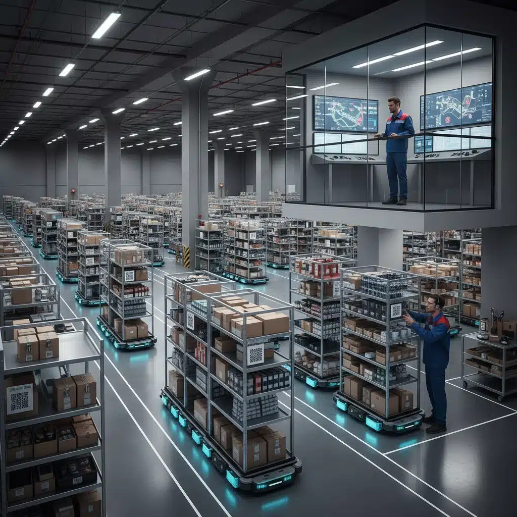 Autonomous mobile robots (AMRs) efficiently moving inventory in a retail warehouse.