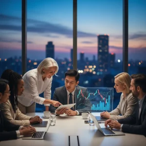 Group analyzing investment charts for retirement planning in volatile market