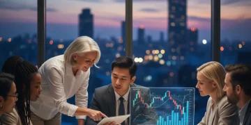 Group analyzing investment charts for retirement planning in volatile market