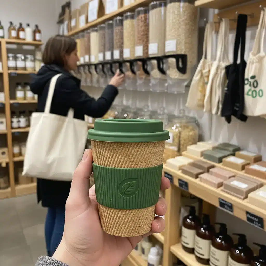 Hand holding bamboo reusable coffee cup in zero-waste store