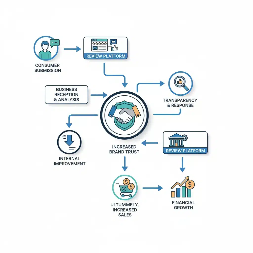Infographic showing consumer review journey to brand trust and increased sales