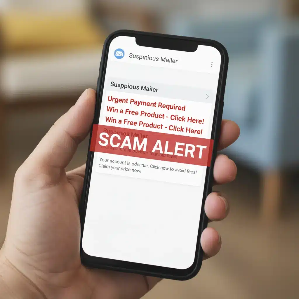 Smartphone screen showing a suspicious email notification with a scam alert.