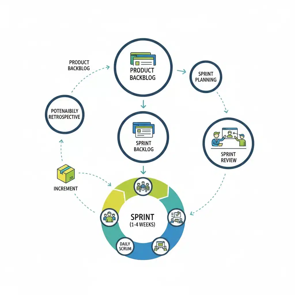 Diagram illustrating the complete Scrum framework lifecycle and iterative process.