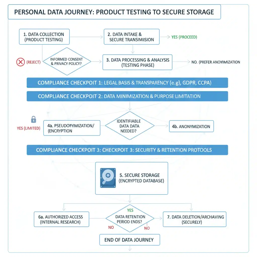 Flowchart showing secure data handling in product testing.