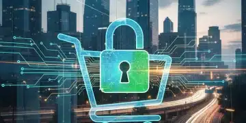 Secure digital shopping cart with privacy lock, representing new consumer data privacy laws and their impact on retail.