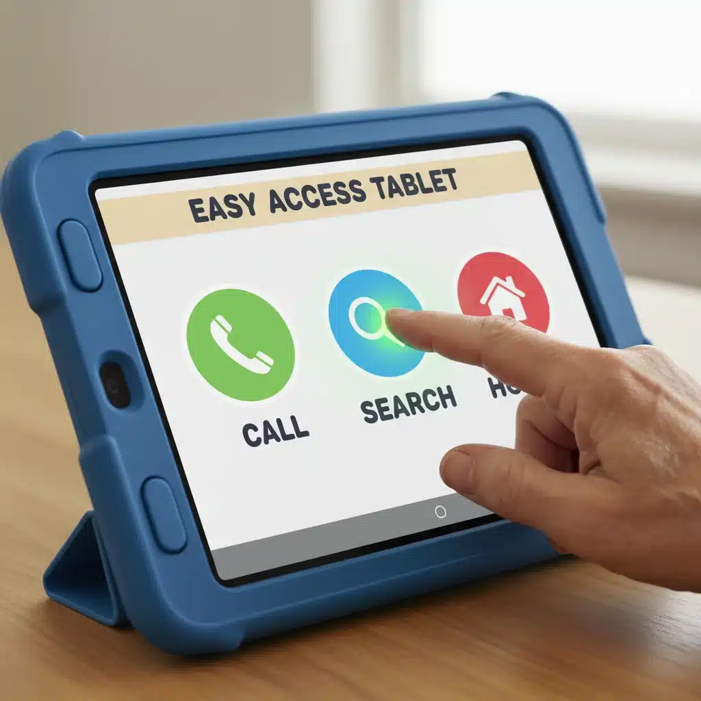 Senior hand testing an accessible tablet interface with large buttons and clear text.