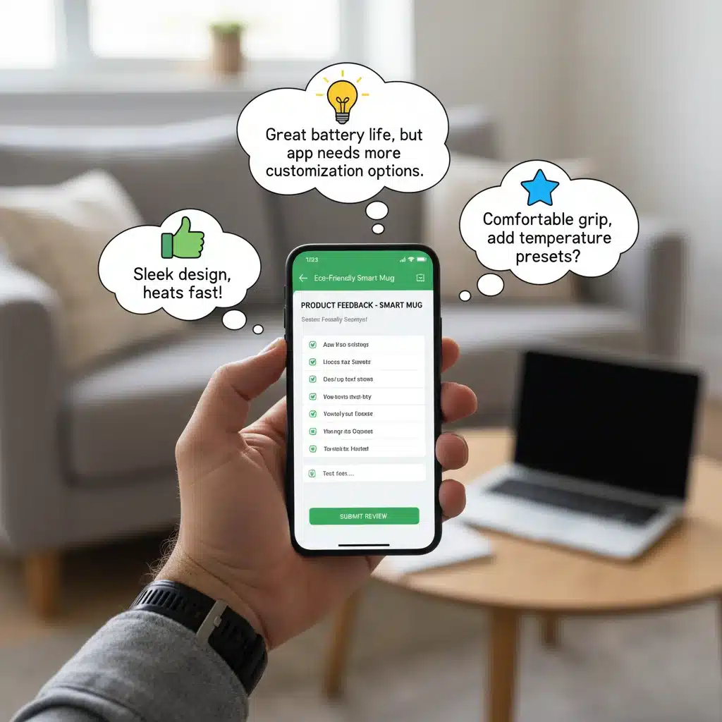 Hand holding smartphone completing a product testing survey with feedback.